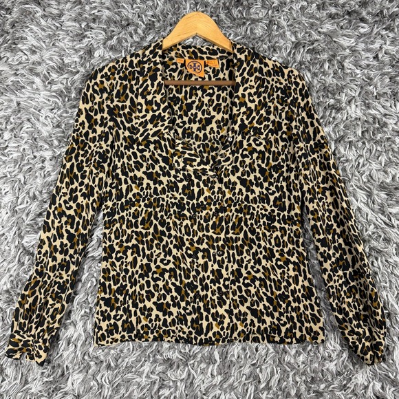 Tory Burch Tops - Tory Burch 100% Silk Leopard Print Button Up Blouse Tan Black Size 2 24081158